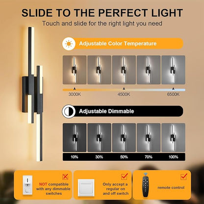 Modern LED Wall Sconce Black Remote Wall Light Fixtures for Bathroom, Dimmable Vanity Light Indoor LED Remote Wall Sconce for Bedside Bedroom Living Dining Room (27.6inch 3000-6500K 1 Pack)