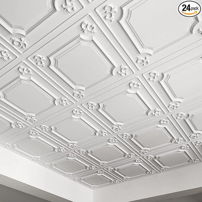 Art3d Drop Ceiling Tiles 24x24 in White (24-Pack, 96 Sq.ft), Wainscoting Panels Glue Up 2x2