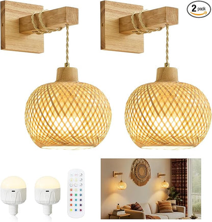 Bamboo Battery Operated Wall Sconces Set of 2, Rechargeable Rattan Cordless Battery Powered Wall Lights/Lamps with Remote, Woven Boho Wireless Decor Lighting Fixture for Living Room Bedroom