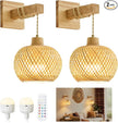 Bamboo Battery Operated Wall Sconces Set of 2, Rechargeable Rattan Cordless Battery Powered Wall Lights/Lamps with Remote, Woven Boho Wireless Decor Lighting Fixture for Living Room Bedroom