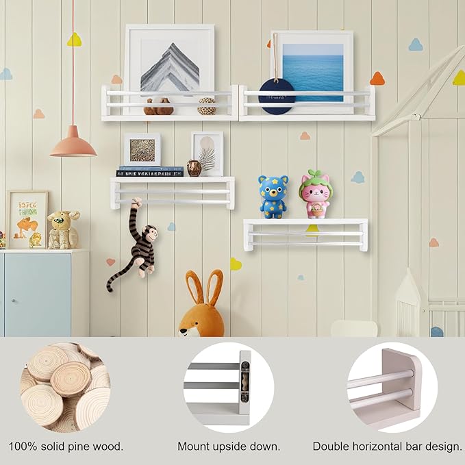 Nursery Wall Book Shelves Set of 4, 16" Solid Pine Wood Floating Book Ledges with Dual Safety Rails, Wall Mounted Kids Bookshelf for Baby & Toddler Books, Toys & Decor, Reversible Install, Silver