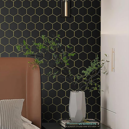 Black Geometric Wallpape Peel and Stick Wallpaper Gold and Black Contact Paper 17.3”×393”Decorative Shelf Draw er Liner Roll Waterproof
