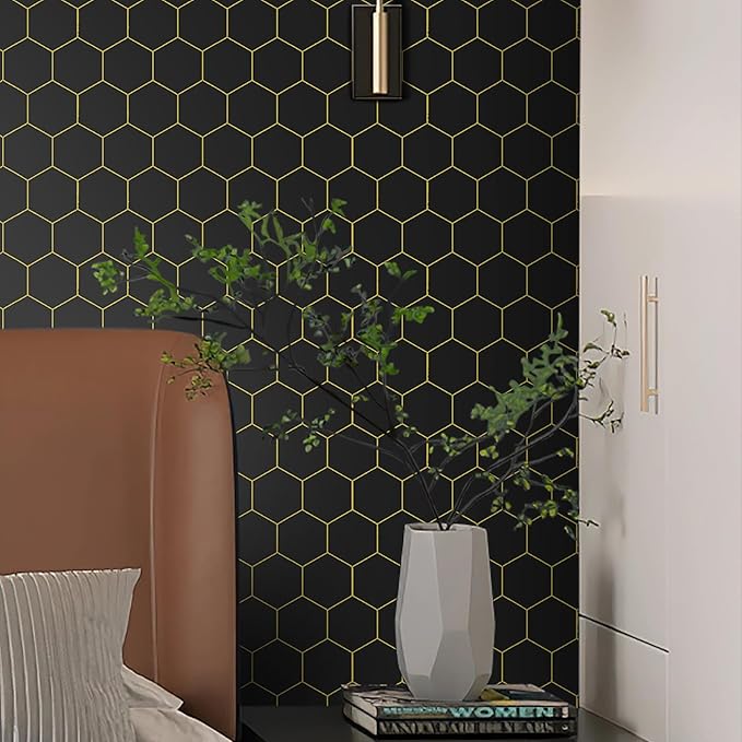 Black Geometric Wallpape Peel and Stick Wallpaper Gold and Black Contact Paper 17.3”×197”Decorative Shelf Drawer Liner Roll Waterproof