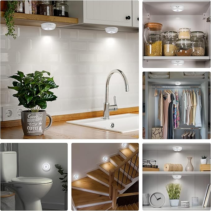 Motion Sensor Light Indoor, LED Night Light Closet Lights, Under Cabinet Lights, AA Battery Operated Stick on Wireless Puck Lights for Wall, Step, Stair, Dimmable (3 Pack)