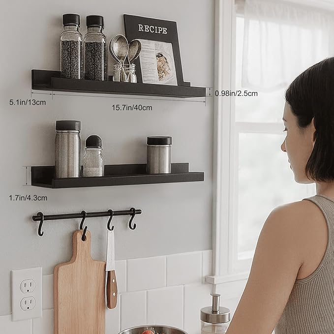 16inch Floating Picture Ledge Shelves 2-Pack, Black Wall Mounted Shelves with Lip for Nursery, Kids Room, Living Room & Bedroom, Sturdy Floating Book Shelves for Photo Frames & Decor