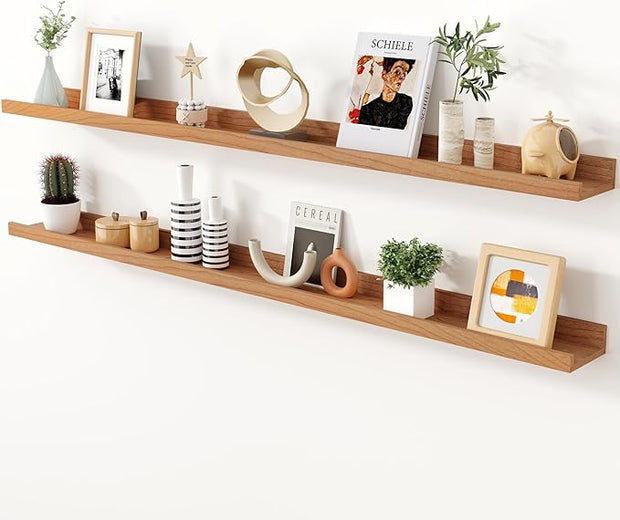 Axeman Cherry Picture Ledge Shelf, 55 Inch Floating Shelves Set of 2, Solid Wood Wall Shelves with Lip, Wall Decor Storage for Bedroom Living Room Bathroom Kitchen Nursery Photo, Natural Cherry