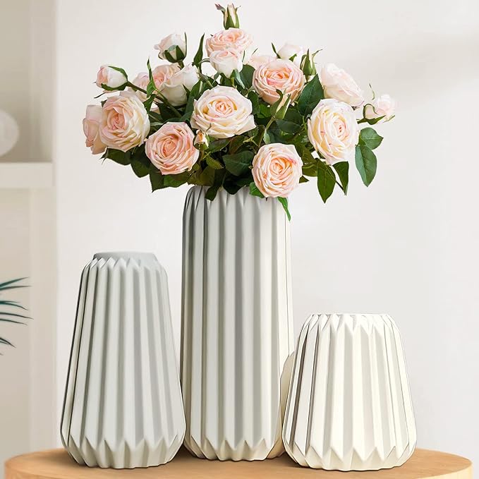 Ceramic Vases Set of 3-White Vase for Modern Home Decor, Flower Vases for Aesthetic Room Decor,Boho Decor Wedding Dinner Table Party Office Centerpiece Table Decorations (White 3 Set)