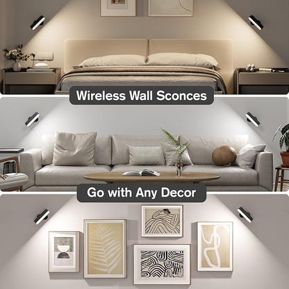 Wireless Battery Operated Wall Sconces for Bedroom, LED Rechargeable Wall Sconce Set of Two for Living Room, Stick on Wall Mounted Lamp for Reading, 2 Pack
