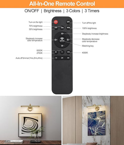 Picture Light for Wall,Battery Operated Art Lights for Painting,3 Color Selections and Brightness, Adjustable Wireless Portrait Lights with Remote for Artwork,Bookcase,Photo Frames(Brass, 15.7inch)
