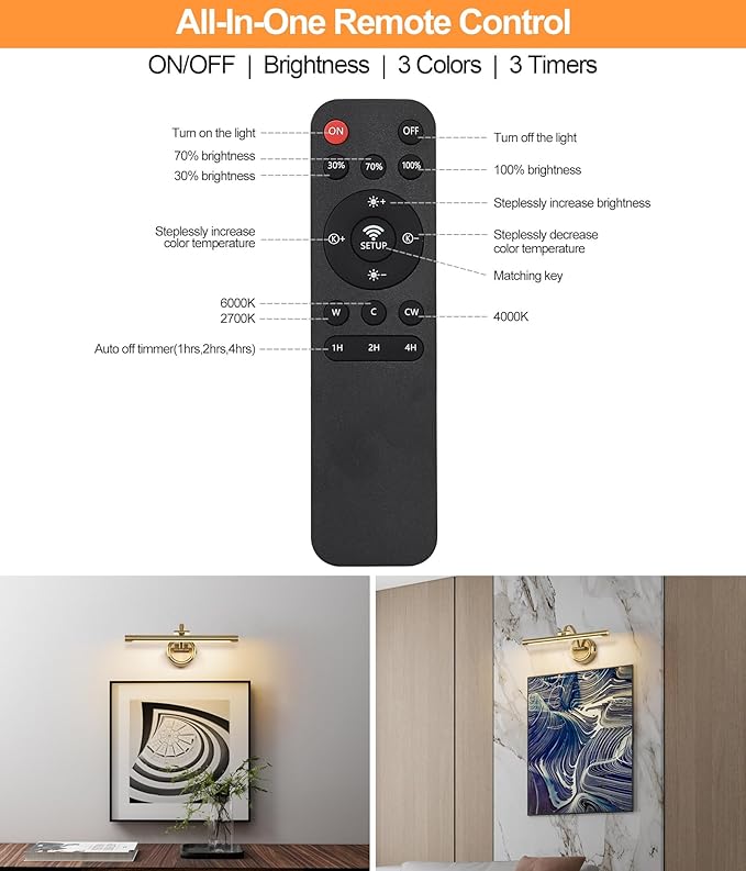 Picture Light for Wall,Battery Operated Art Lights for Painting,3 Color Selections and Brightness, Adjustable Wireless Portrait Lights with Remote for Artwork,Bookcase,Photo Frames(Brass, 15.7inch)