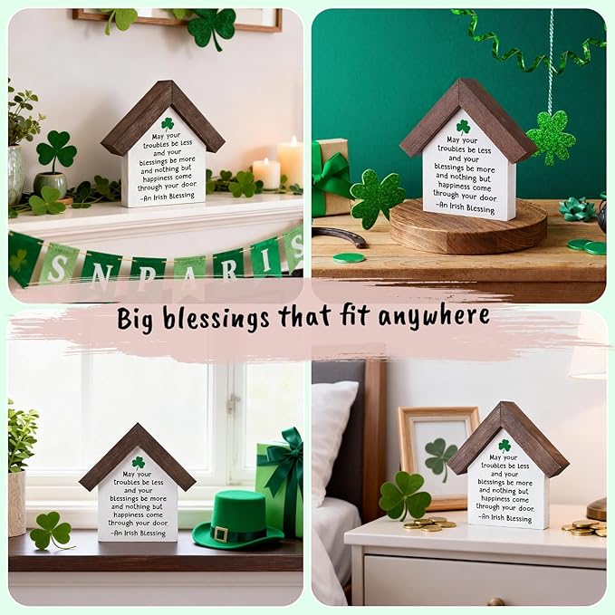 MBL St Patrick's Day Decoration - Happy Saint Patricks Day Accessories Gifts Green Shamrock Home Table Office Shelf Spring Tiered Tray Decor Centerpiece for Women Men, Wood Irish Blessing Sign