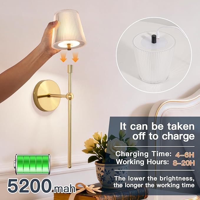 Battery Operated Wall Sconces Set of 2, Wireless Wall Sconce with Remote Dimmable Timer, Rechargeable 5200mAh, Cordless Wall Light Gold for Bedroom Living Room, Hallway, Light Decor