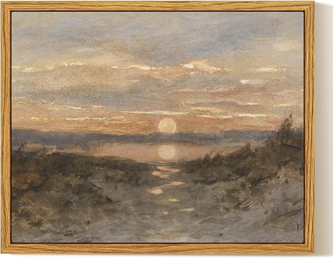 InSimSea Framed Canvas Print Art, Vintage Sunset lakeside Landscape Painting, Rustic Farmhouse Cottage Decor for Hallway Wall Floating Shelf Desk Vanity Fireplace,10x8 in, Earth Tones