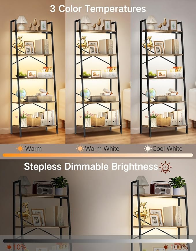 5-Tier Wide Ladder Shelf with LED Lights, Touch & Remote Control, 3 Color Temperatures, Dimmable Tall Corner Standing Bookcase, Metal Wood Display Shelf for Living Room, Bedroom
