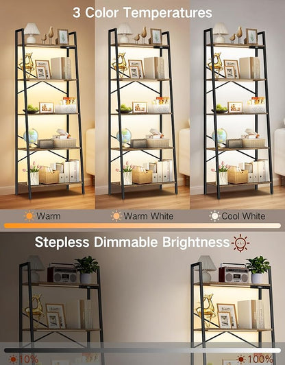 5-Tier Wide Ladder Shelf with LED Lights, Touch & Remote Control, 3 Color Temperatures, Dimmable Tall Corner Standing Bookcase, Metal Wood Display Shelf for Living Room, Bedroom