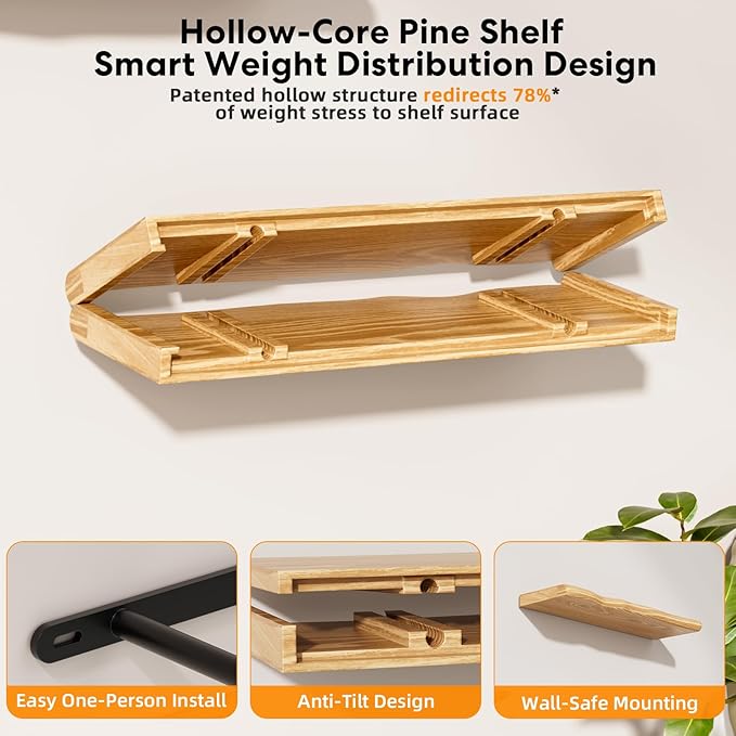 Floating Shelves for Wall 24 Inch Wooden Floating Shelves Live Edge Shelf with Unique Natural Grain Wall Mounted Rustic Pine Wood Shelf for Living Room Bedroom Kitchen Bathroom (Natural)