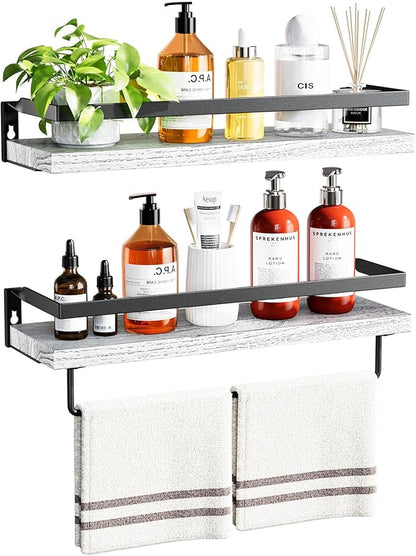 AMADA HOMEFURNISHING Bathroom Shelves with Towel Bar, Floating Shelves, Wall Shelves for Bathroom/Living Room/Kitchen/Bedroom, White, Set of 2 - AMFS01W