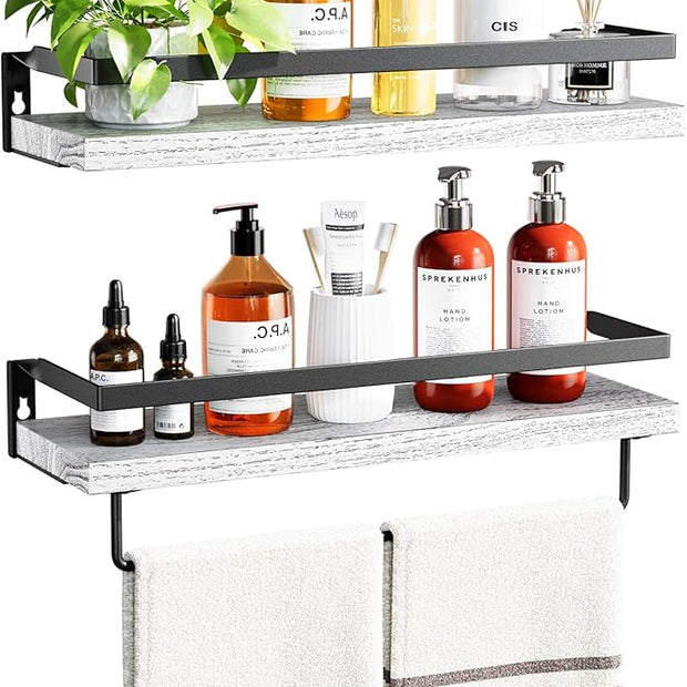 AMADA HOMEFURNISHING Bathroom Shelves with Towel Bar, Floating Shelves, Wall Shelves for Bathroom/Living Room/Kitchen/Bedroom, White, Set of 2 - AMFS01W
