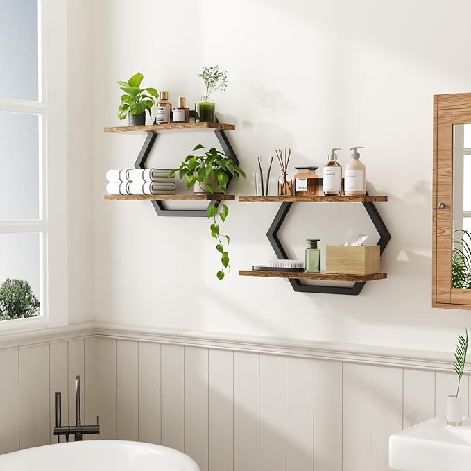 Floating Shelf- Floating Shelf for Wall Set of 2, 2 Tier Shelves for Wall for Bathroom, Bedroom, Toilet, Kitchen, Living Room, Office, Rustic Brown