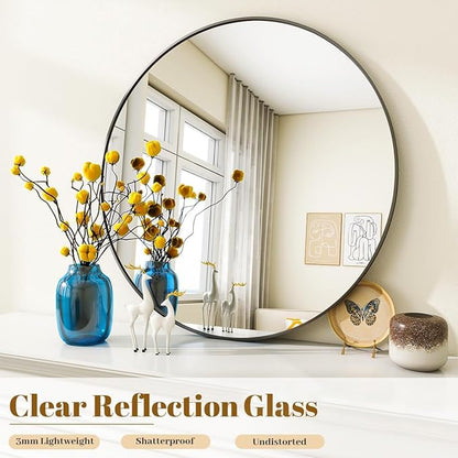 VooBang Black Round Bathroom Mirror, 20 inch Circle Wall Mounted Hanging Mirror with Simple Modern Circular Metal Frame for Hallway, Entryway, Living Room, Black Frame