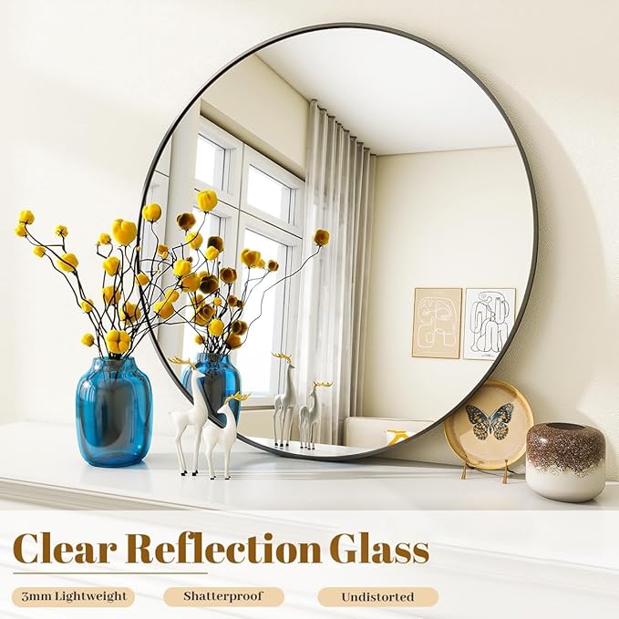 VooBang Black Round Bathroom Mirror, 30 inch Circle Wall Mounted Hanging Mirror with Simple Modern Circular Metal Frame for Hallway, Entryway, Living Room, Black Frame