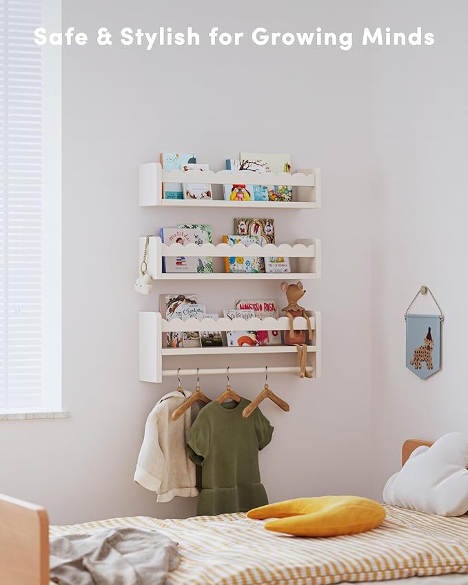 Nursery Book Shelves, Scalloped Shelves, Floating Book Shelves for Wall, Nursery Deocr for Baby, Toddler (White, 16.5 Inches)