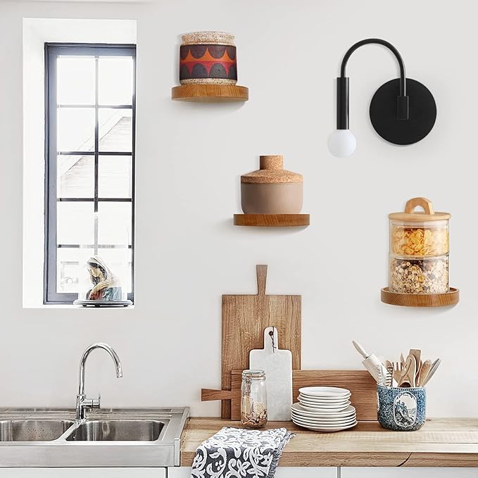 AceList 3-Pack Round Floating Shelves for Wall Decor, 6'' Diameter Beech Wood Floating Shelf, Cup Plant Wall Shelves for Bedroom, Bedroom, Living Room, Bathroom, Kitchen