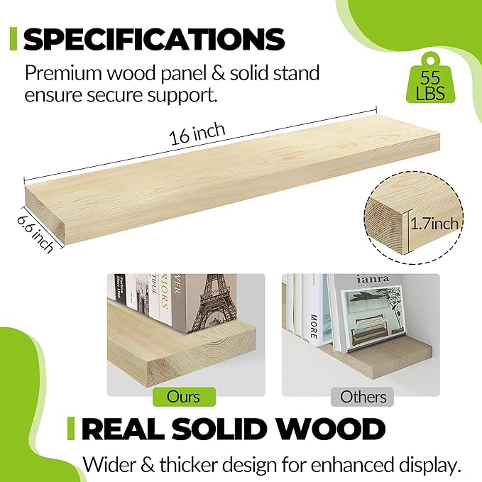 Wood Floating Shelves, 16 inch Wall Mount Shelves for Bathroom, Living Room, Kitchen, Bedroom, Office, Unfinished Color