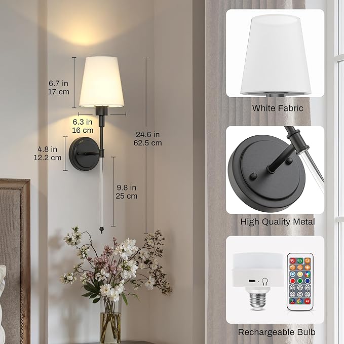 DORESshop Battery Operated Wall Sconce Set of 2, Wall Light Wireless Easy to Install, Dimmable and Adjustable Sconce Wall Decor, Rechargeable Wall Lamp for Bedroom, Living Room, Black and Glass 24.6in
