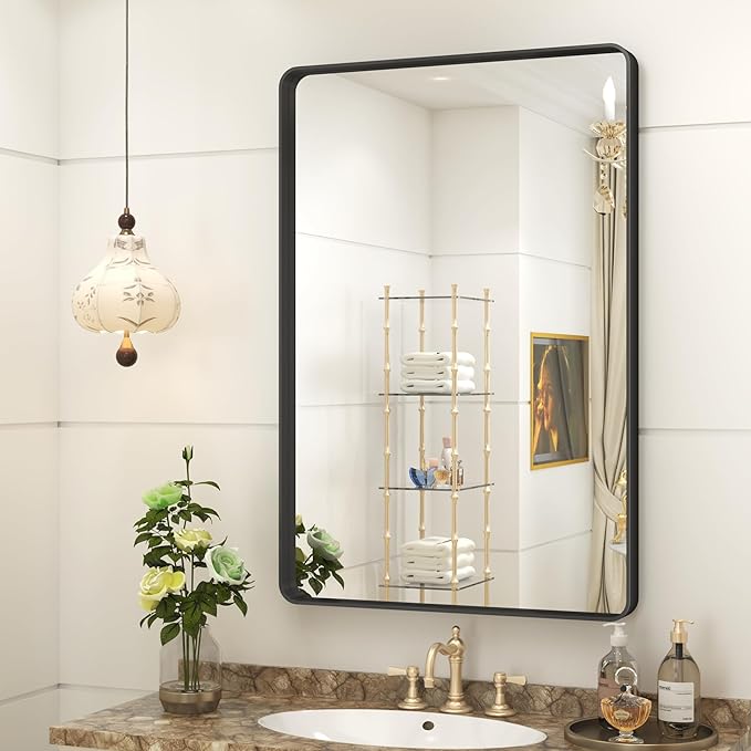 CHAMROR 20x30 Inch Black Metal Framed Bathrrom Mirror for Wall, Black Rounded Rectangle Mirror, Matte Black Bathroom Vanity Mirror, Anti-Rust, Tempered Glass, Hangs Horizontally or Vertically