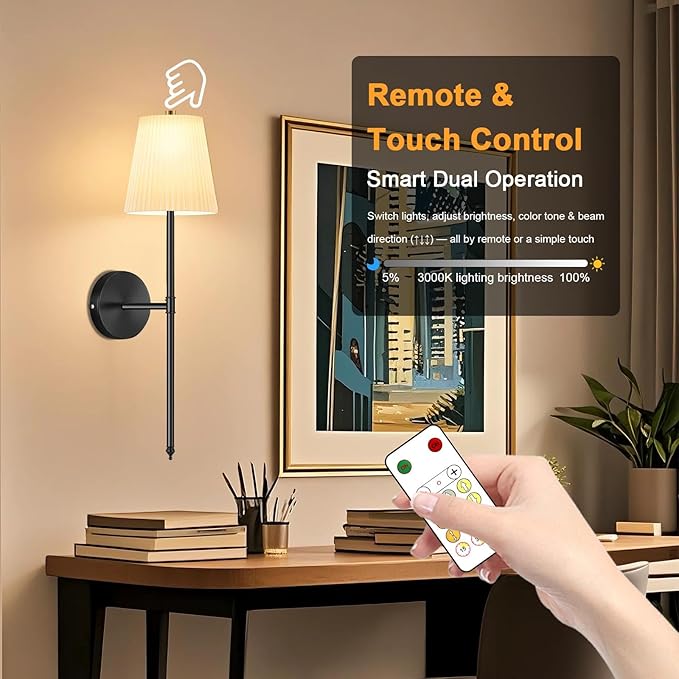 10000mAh Battery Operated Wall Sconces Set of One, Black Rechargeable Wall Lights with Remote & Touch Control,Dimmable 3 Color Temperature Wall Decor for Bedroom Living Room Hallway