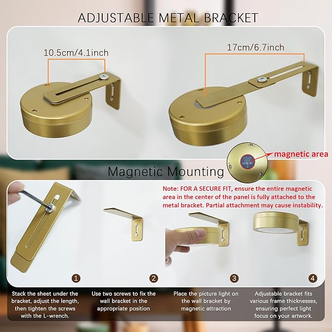 3 Pack Gold Picture Lights for Wall, Rechargeable Battery Operated Picture Frame Lights, LED Wall Light for Pictures with 3 Lighting Modes,Magnetic Art Display Light with Remote Dimmable Timer