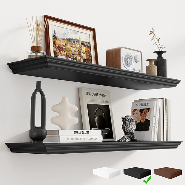 Fun Memories Floating Shelves 36 Inch Long, 9.3 Inch Deep Classic Crown Molding Floating Shelves for Wall, Rustic Wooden Shelves for Wall Decor Bathroom, Kitchen, Office, (Black, 2Pack)