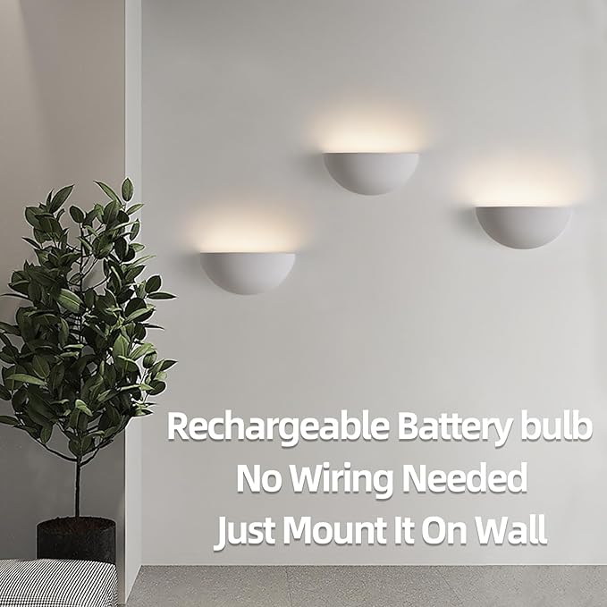 Repaintable Battery Operated Wall Sconce, Minimalist Half-Sphere Gypsum Rechargeable Wall Light with 5000mAh Dimmable Magnetic Bulb Remote, 12 RGB Colors Wireless Wall Lamp for Bedroom, Hallway Decor