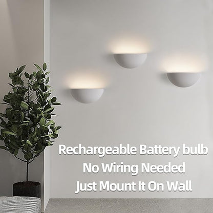 Repaintable Battery Operated Wall Sconce, Minimalist Half-Sphere Gypsum Rechargeable Wall Light with 5000mAh Dimmable Magnetic Bulb Remote, 12 RGB Colors Wireless Wall Lamp for Bedroom, Hallway Decor