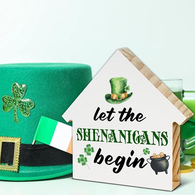 Funny St. Patrick's Day Irish Decor, Let the Shenanigans Begin House Shaped Wood Block Sign, Home Decor for Desk Table Shelf, St Patricks Day Decorations