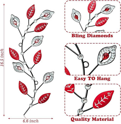 sxnzequnze 2 Pcs Metal Leaf Wall Art Crystal Bling Decorations Silver Leaves 3D Iron Handmade Home Decor Hanging Minimalist Accents Modern Set for Living Room Bathroom Bedroom Dining Room Hallway