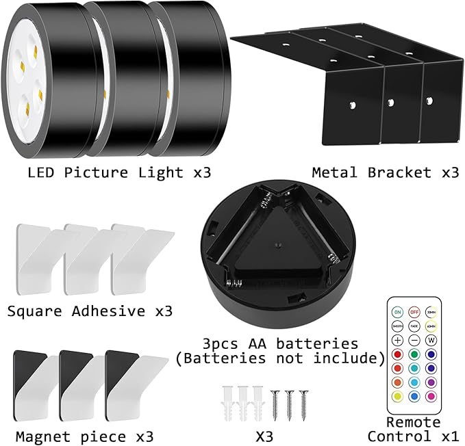 Wireless Battery Operated Painting with Remote Control,13 Color RGB Magnetic Led Art Display Light for Picture Frame, Dimmable and Timer, Wall Decor Display Light 3Pack Black