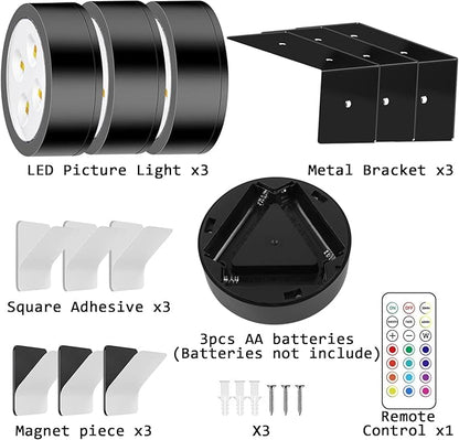 Wireless Battery Operated Painting with Remote Control 13 Color RGB Magnetic Led Art Display Light for Picture Frame, Dimmable and Timer, Wall Decor Display Light 3Pack Gold