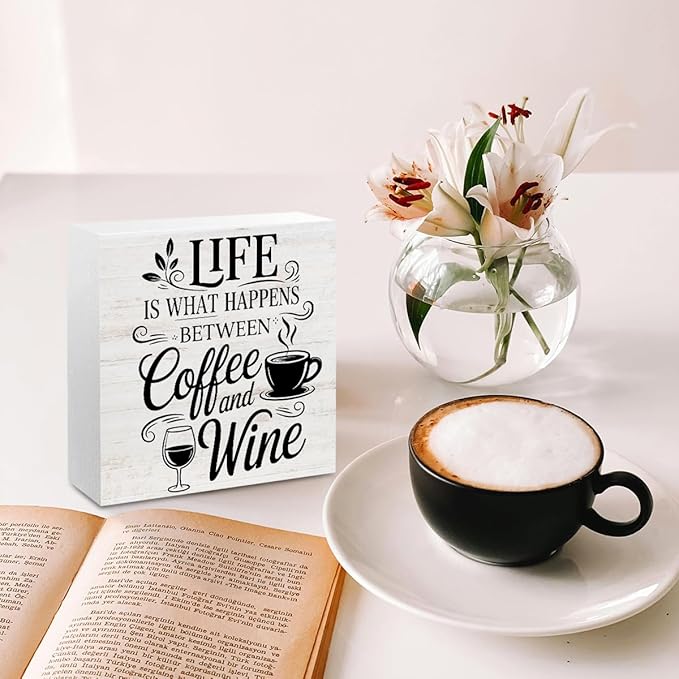 Rustic Coffee Wine Wood Box Sign, Life is What happens Between Coffee and Wine Wood Plaque, Woods Table Decorative Signs for Home Kitchen Wine Bar Tabletop Shelf, Christmas Birthday Gifts for Women