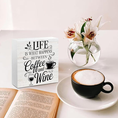 Rustic Coffee Wine Wood Box Sign, Life is What happens Between Coffee and Wine Wood Plaque, Woods Table Decorative Signs for Home Kitchen Wine Bar Tabletop Shelf, Christmas Birthday Gifts for Women