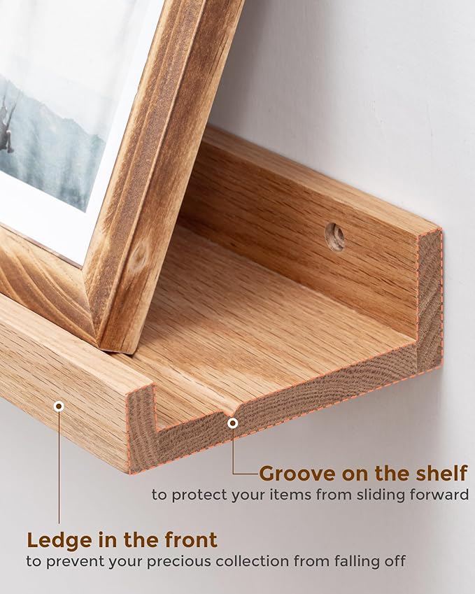 Axeman Oak Picture Ledge Shelf, 36 Inch Floating Shelves Set of 2, Solid Oak Wood Wall Shelves with Lip, Wall Decor Storage for Bedroom Living Room Bathroom Kitchen Nursery Photo Picture, Natural Oak
