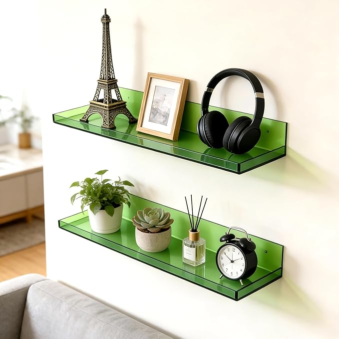 Floating Shelves for Wall Acrylic Wall Shelves for Bedroom Bathroom Living Room Kitchen 16.5X5.5'', Pack of 2, Turquoise Green