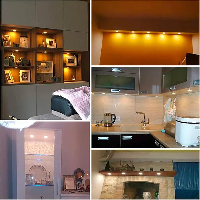 Puck Lights Bluetooth APP Smart Control Dimmable Tact Switch Under Cabinet Light Cabinet Lighting Cabinet Lights DC 12V Adaptor (Silver, Warm White, 10Pack)