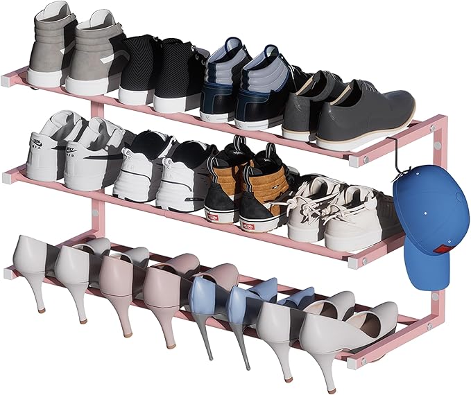 Wall Mounted Shoe Rack, 3 Tier Hanging Shoe Rack Holds 12 Pairs, 17