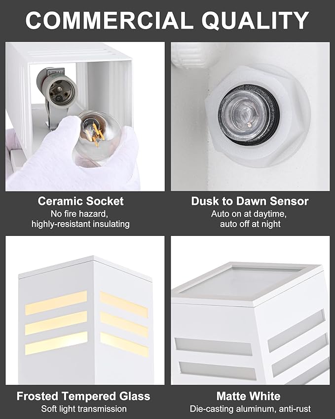 Housen Solutions Dusk to Dawn Outdoor Lighting, IP65 Waterproof Exterior Light Fixtures, 2 Pack Sensor Porch Light Outdoor Wall Sconce for House Garage, Matte White Aluminum