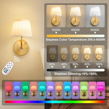 Rechargeable Wall Sconces Set of 2 - 5200mAh Cordless Battery Operated Wall Sconce - Fabric Lamp Shade - Gold Brass LED Light Fixture with Remote for Bedroom Bedside Living Room Stairway Hallway Porch