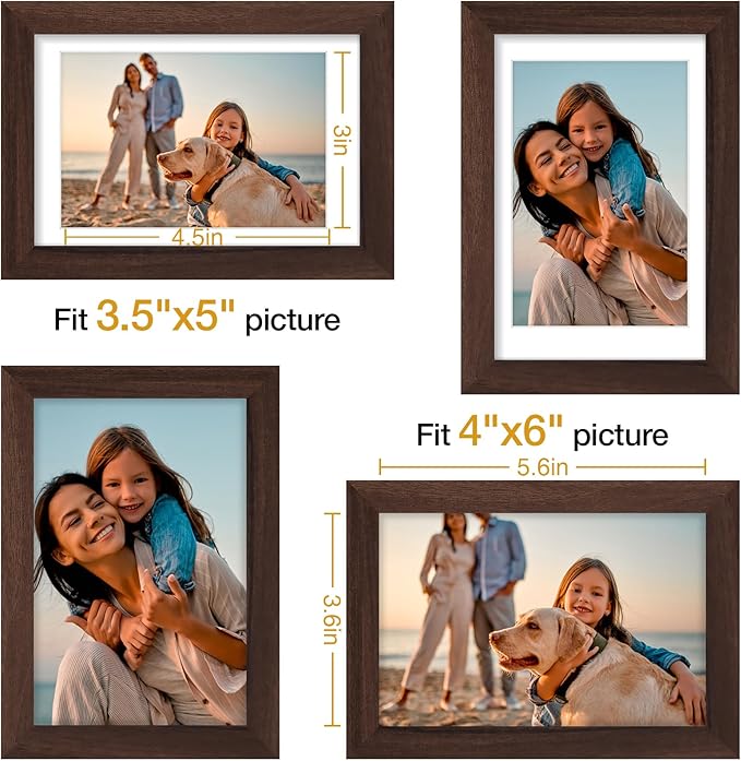 Vittanly 4x6 Picture Frame Set of 4, Display Pictures 3.5x5 with Mat or 4x6 without Mat, Engineered Wood with Shatter Resistant Plexiglass, Small Photo Frames for Wall or Tabletop Display, Brown