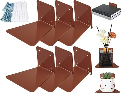 Jetec 6 Pack Invisible Floating Bookshelf Wall Mounted Floating Bookshelves Heavy Duty Book Organizers Hidden Book Shelf Metal Shelves Holder for Books Bedroom Living Room Home Office (Brown)
