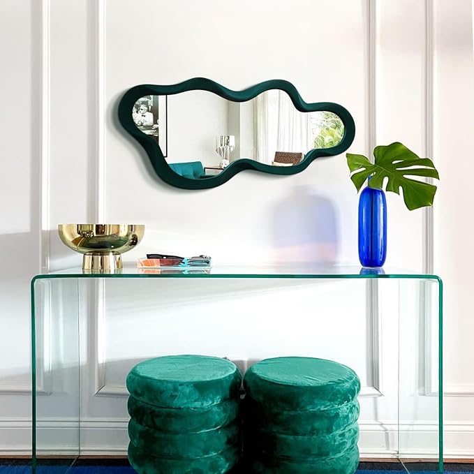 13.8x29.7 Big Decorative Mirror for Girly Bedroom Dresser Decor, Abstract Wavy Wall Mirrors for Home Book Coffee Shop Hotel Decoration, Unique Gift for Birthday Thanksgiving (Dark Green)